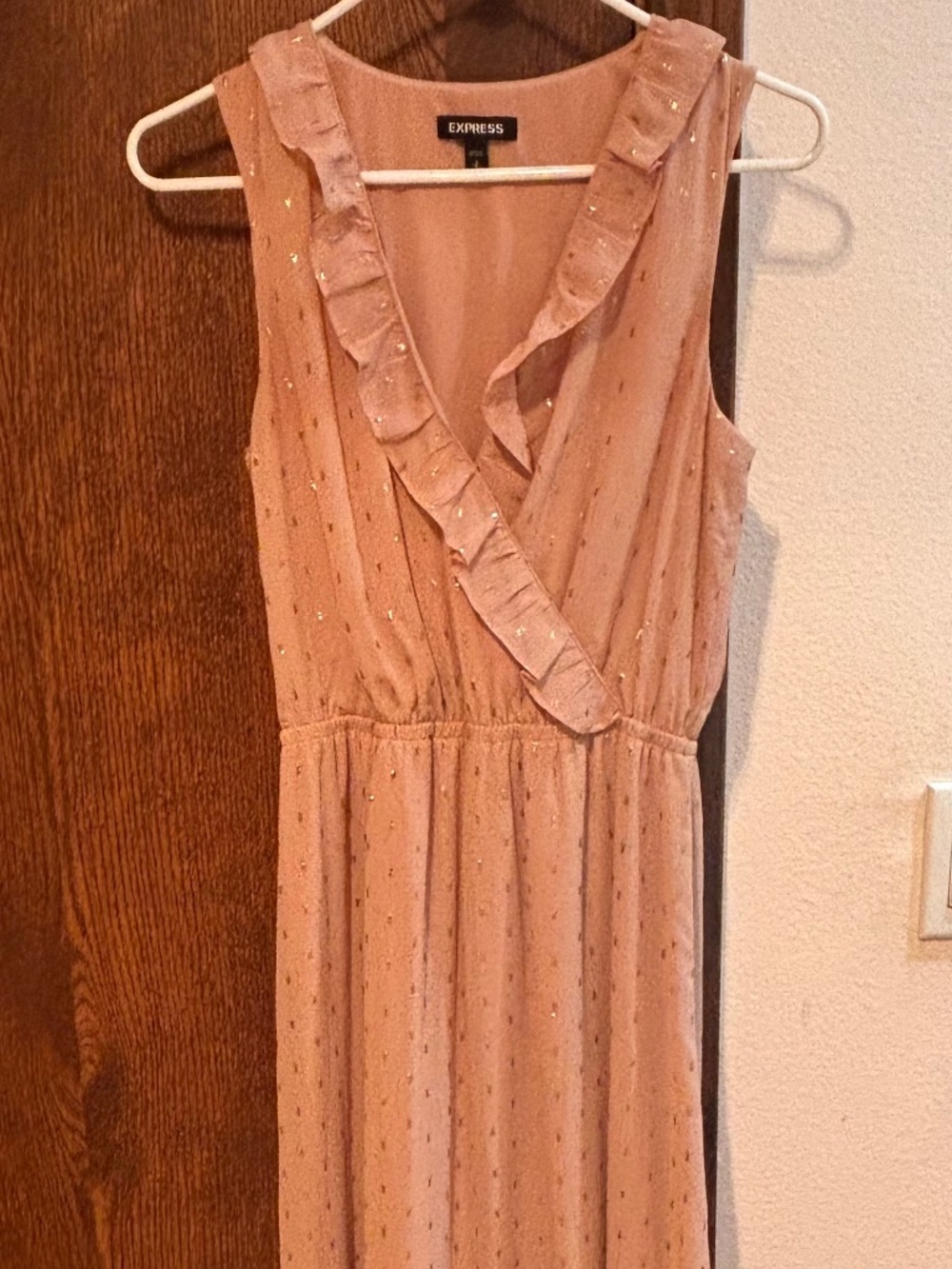 Express Metallic Clip Dot Ruffle Maxi Dress - Mauve with Gold Dots